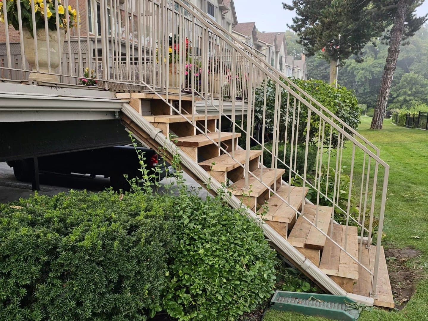 Wood staircase leading to upper deck